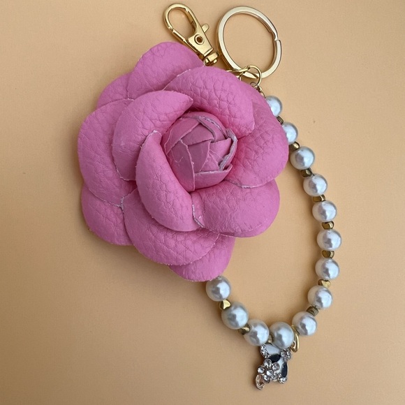 Pink Camellia Flower Keychain with Pearl Bead Strap - Picture 3 of 4